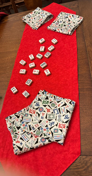 Mah Jong Table Runner with optional Napkins. Blue or Red mahjongg