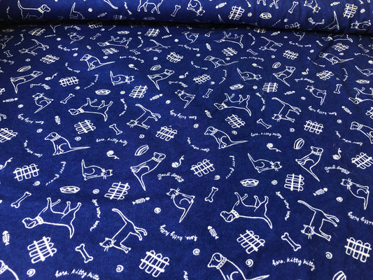 Royal blue knit with dogs and cats print  55" wide 2 3/4 yards