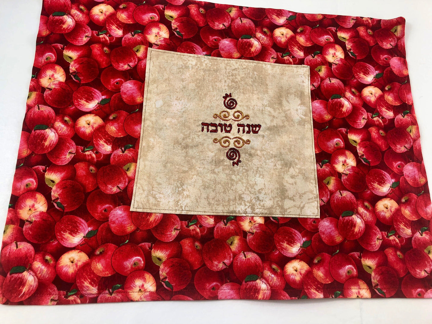 Challah cover for Rosh Hashanah Apples Shana Tova Embroidered in Hebrew One of a kind