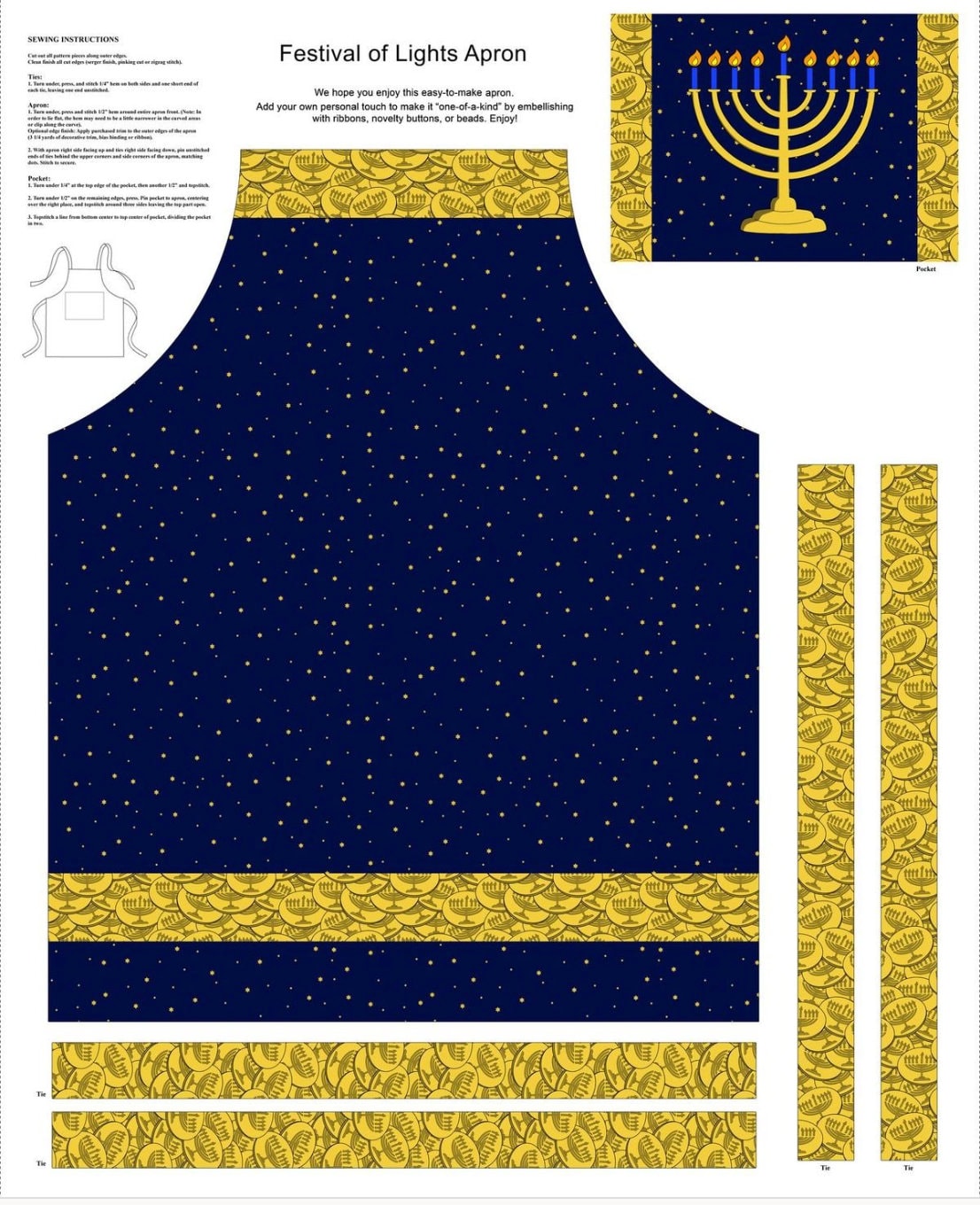 Hanukkah Chanukah Fabric Apron Panel   Festival of Lights by Henry Glass  100% cotton