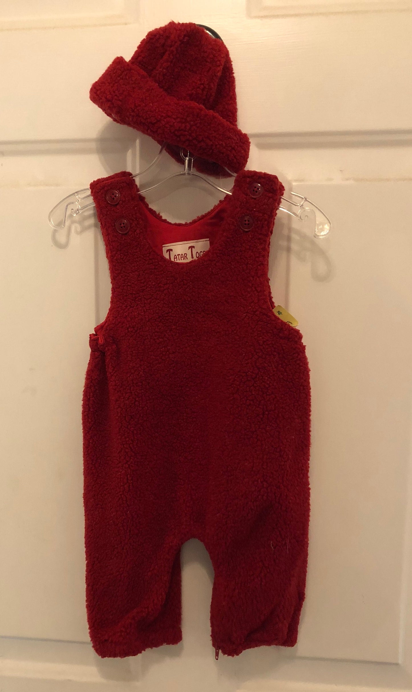 Red berber fleece baby romper with matching hat 9 months and 12 months