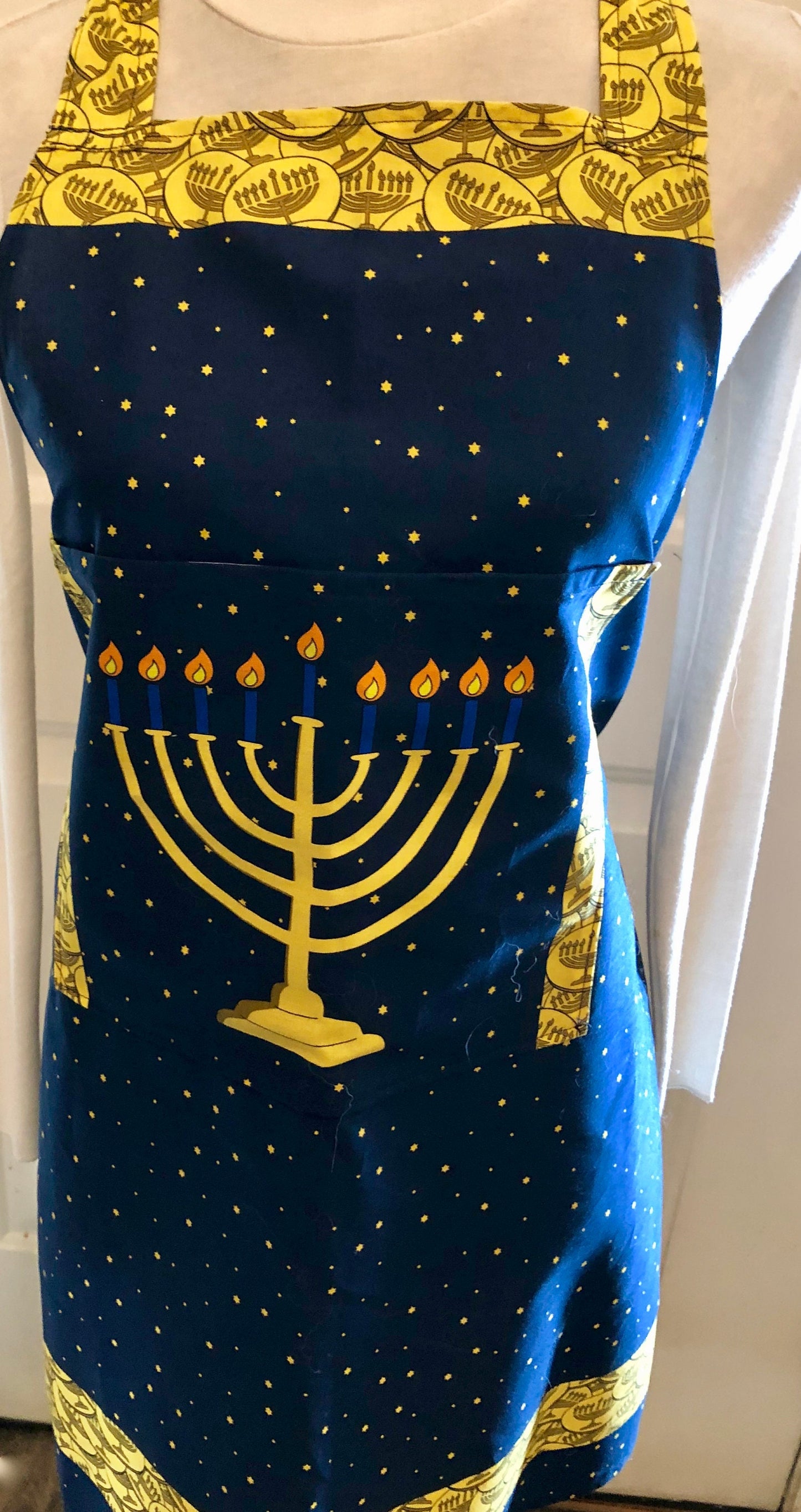 Hanukkah Chanukah Fabric Apron   Blue with Menorah on the Pocket and gelt fabric trim